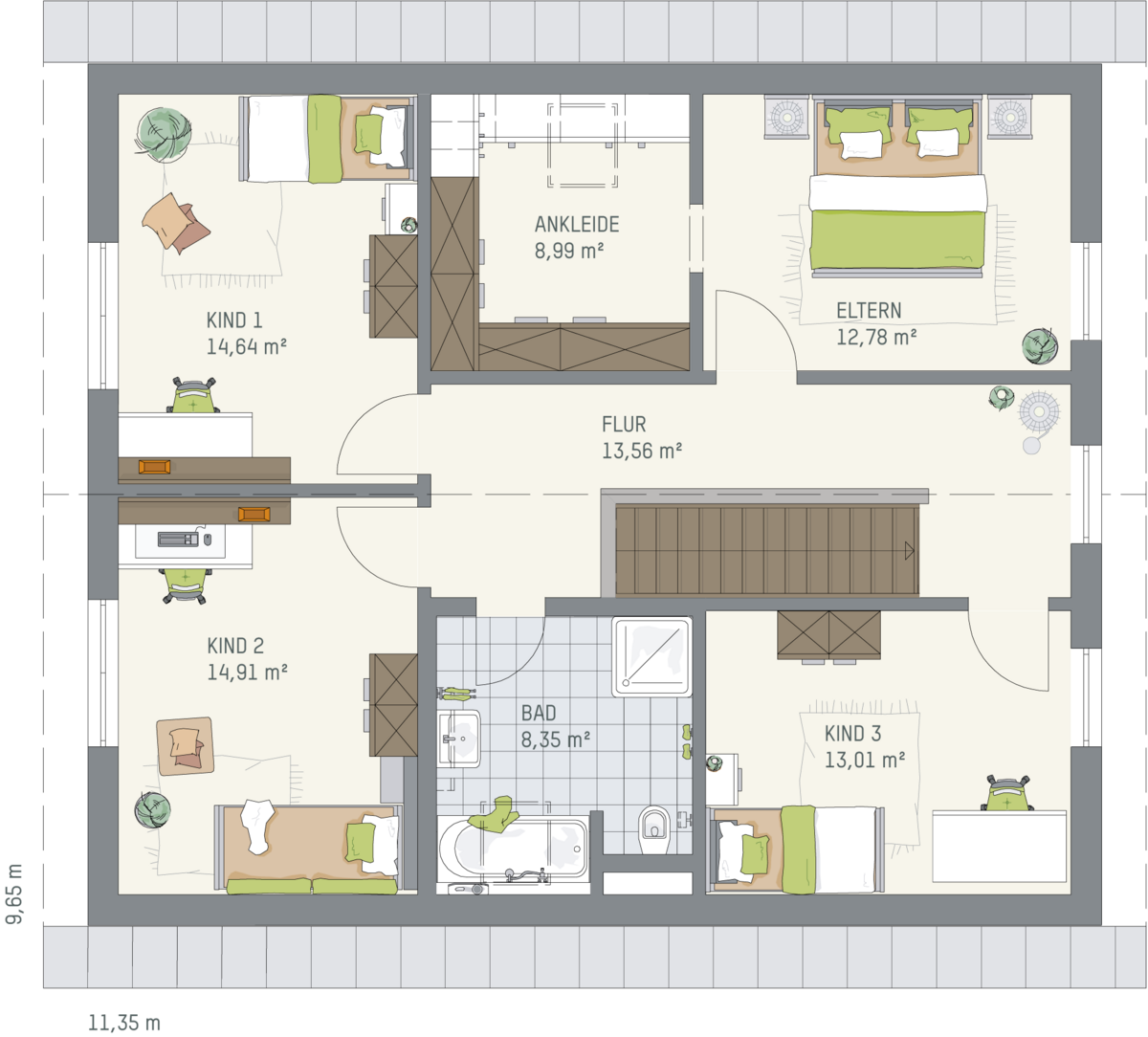 Grundriss Dachgeschoss Hausmodell SENTO 504 K mit Flur, drei Kinderzimmern, Schlafzimmer, Ankleide und Bad.