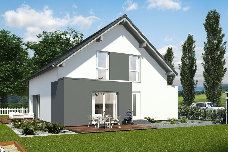 FingerHaus ALTERO 6 – Einfamilienhaus mit Einliegerwohnung, Satteldach und heller Putzfassade. Im Garten sind Rasenfläche, bepflanzte Hochbeete und eine Terrasse sichtbar.