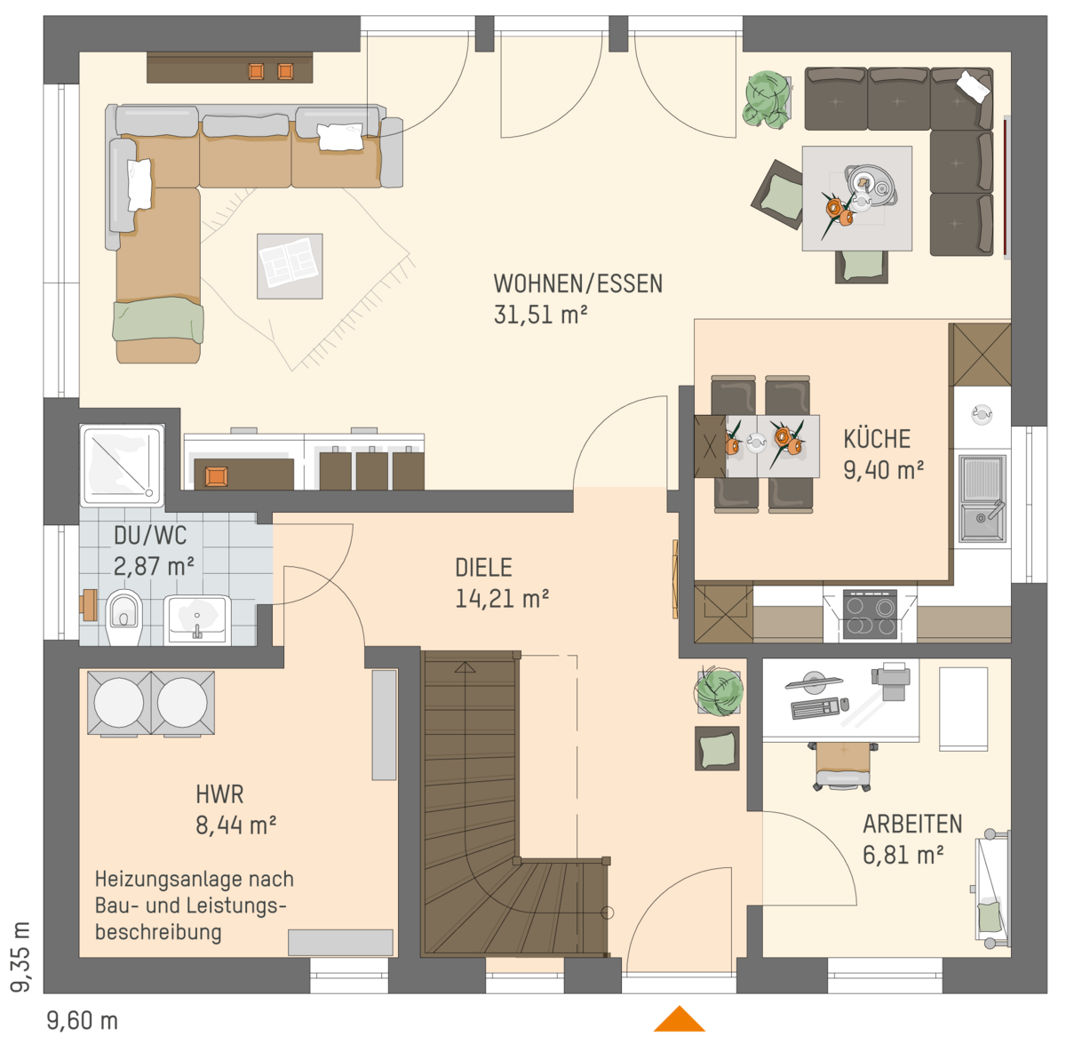 FingerHaus Grundriss Erdgeschoss VIO 202 S130 mit ARbeitszimmer und Duschbad