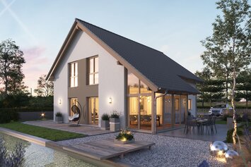 FingerHaus NEO 417 – modernes Einfamilienhaus mit Satteldach, weißer Fassade und großen Glasflächen in Abendstimmung. Im Vordergrund ein Garten mit Holzdeck, Sitzmöbeln, Kiesflächen und beleuchtetem Wasserbecken mit Seerosen.