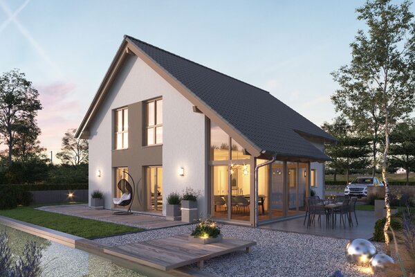 FingerHaus NEO 417 – modernes Einfamilienhaus mit Satteldach, weißer Fassade und großen Glasflächen in Abendstimmung. Im Vordergrund ein Garten mit Holzdeck, Sitzmöbeln, Kiesflächen und beleuchtetem Wasserbecken mit Seerosen.