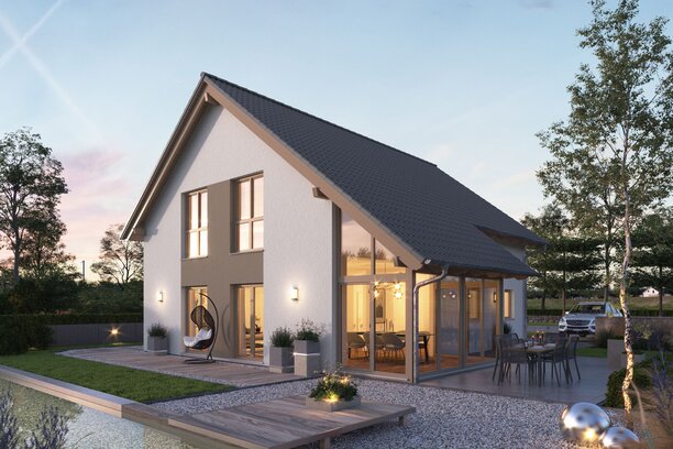 FingerHaus NEO 417 – modernes Einfamilienhaus mit Satteldach, weißer Fassade und großen Glasflächen in Abendstimmung. Im Vordergrund ein Garten mit Holzdeck, Sitzmöbeln, Kiesflächen und beleuchtetem Wasserbecken mit Seerosen.