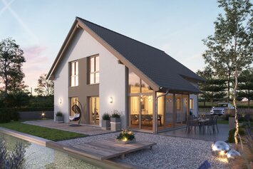 FingerHaus NEO 417 – modernes Einfamilienhaus mit Satteldach, weißer Fassade und großen Glasflächen in Abendstimmung. Im Vordergrund ein Garten mit Holzdeck, Sitzmöbeln, Kiesflächen und beleuchtetem Wasserbecken mit Seerosen.