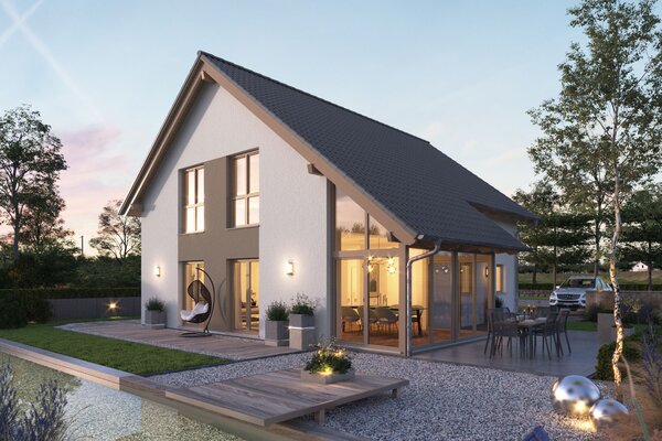 FingerHaus NEO 417 – modernes Einfamilienhaus mit Satteldach, weißer Fassade und großen Glasflächen in Abendstimmung. Im Vordergrund ein Garten mit Holzdeck, Sitzmöbeln, Kiesflächen und beleuchtetem Wasserbecken mit Seerosen.