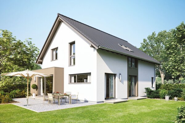 FingerHaus NEO 300 – modernes Einfamilienhaus mit dunklem Satteldach, heller Putzfassade und großen Fenstern. Im Garten befinden sich eine Terrasse mit Esstisch und Sonnenschirm, gepflegter Rasen und blühende Beete.