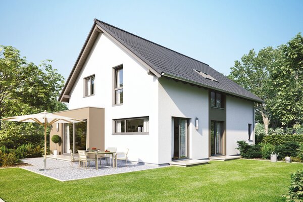 FingerHaus NEO 300 – modernes Einfamilienhaus mit dunklem Satteldach, heller Putzfassade und großen Fenstern. Im Garten befinden sich eine Terrasse mit Esstisch und Sonnenschirm, gepflegter Rasen und blühende Beete.