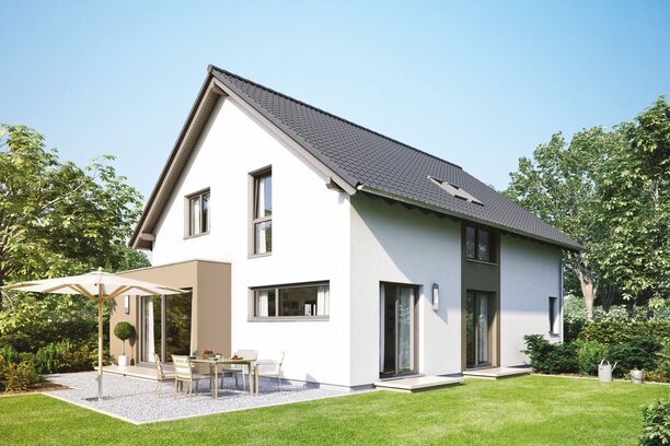 FingerHaus NEO 300 – modernes Einfamilienhaus mit dunklem Satteldach, heller Putzfassade und großen Fenstern. Im Garten befinden sich eine Terrasse mit Esstisch und Sonnenschirm, gepflegter Rasen und blühende Beete.
