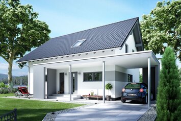 FingerHaus VIO 400 – modernes Einfamilienhaus mit Satteldach, heller Fassade und Carport. Im Vordergrund sind eine gepflasterte Einfahrt, Kinderspielzeug und Ziersteine zu sehen.