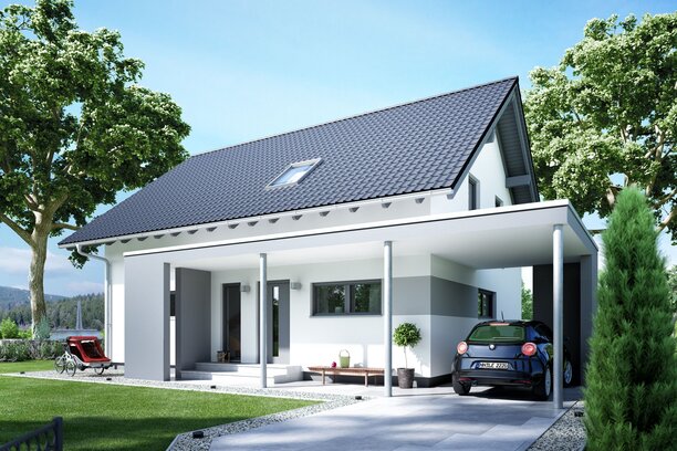 FingerHaus VIO 400 – modernes Einfamilienhaus mit Satteldach, heller Fassade und Carport. Im Vordergrund sind eine gepflasterte Einfahrt, Kinderspielzeug und Ziersteine zu sehen.