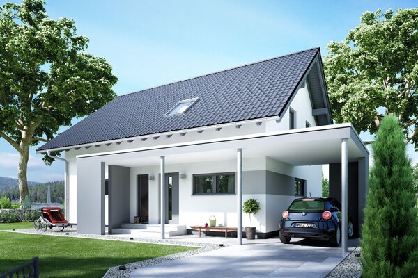 FingerHaus VIO 400 – modernes Einfamilienhaus mit Satteldach, heller Fassade und Carport. Im Vordergrund sind eine gepflasterte Einfahrt, Kinderspielzeug und Ziersteine zu sehen.