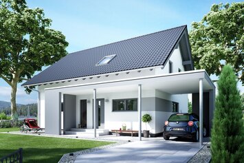 FingerHaus VIO 400 – modernes Einfamilienhaus mit Satteldach, heller Fassade und Carport. Im Vordergrund sind eine gepflasterte Einfahrt, Kinderspielzeug und Ziersteine zu sehen.