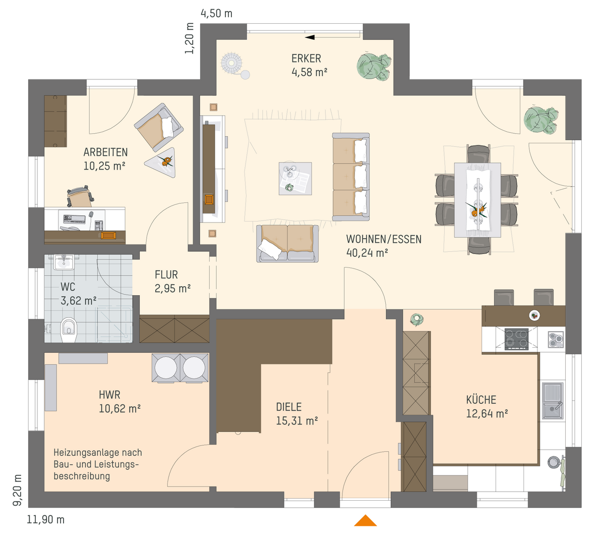 Linienzeichnung des FingerHaus-Einfamilienhauses JUNO 600 Grundriss mit Erker und beschrifteten Wohnbereichen.