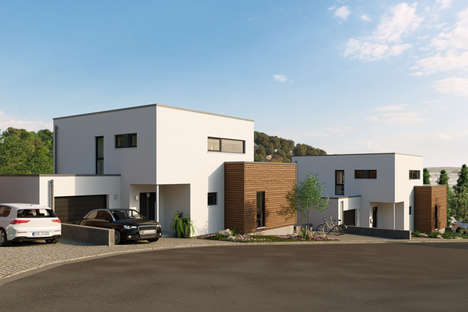 Visualisierung eines modernen Neubaugebiets in Marburg-Wehrda mit mehreren kubischen Stadtvillen, Garagen und parkenden Autos entlang einer Straße. Im Hintergrund sind Bäume, Wiesen und Hügel zu sehen.