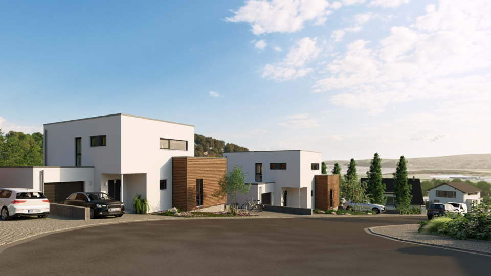 Visualisierung eines modernen Neubaugebiets in Marburg-Wehrda mit mehreren kubischen Stadtvillen, Garagen und parkenden Autos entlang einer Straße. Im Hintergrund sind Bäume, Wiesen und Hügel zu sehen.