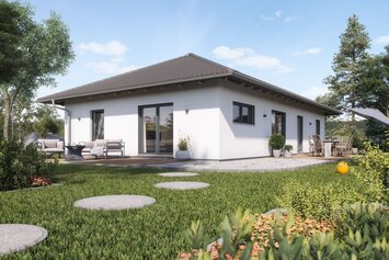 Fotorealistische Visualisierung des FingerHaus NIVO 105 W, eines modernen Bungalows mit Walmdach. Das Haus verfügt über große Fenster, eine gemütliche Terrasse und liegt in einem gepflegten Garten unter blauem Himmel.