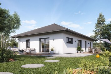 Fotorealistische Visualisierung des FingerHaus NIVO 105 W, eines modernen Bungalows mit Walmdach. Das Haus verfügt über große Fenster, eine gemütliche Terrasse und liegt in einem gepflegten Garten unter blauem Himmel.