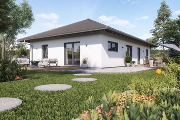 Fotorealistische Visualisierung des FingerHaus NIVO 105 W, eines modernen Bungalows mit Walmdach. Das Haus verfügt über große Fenster, eine gemütliche Terrasse und liegt in einem gepflegten Garten unter blauem Himmel.
