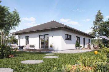 Fotorealistische Visualisierung des FingerHaus NIVO 105 W, eines modernen Bungalows mit Walmdach. Das Haus verfügt über große Fenster, eine gemütliche Terrasse und liegt in einem gepflegten Garten unter blauem Himmel.