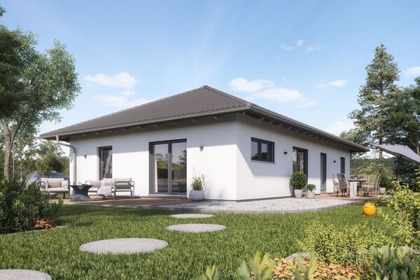 Fotorealistische Visualisierung des FingerHaus NIVO 105 W, eines modernen Bungalows mit Walmdach. Das Haus verfügt über große Fenster, eine gemütliche Terrasse und liegt in einem gepflegten Garten unter blauem Himmel.