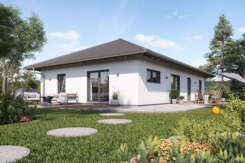 Fotorealistische Visualisierung des FingerHaus NIVO 105 W, eines modernen Bungalows mit Walmdach. Das Haus verfügt über große Fenster, eine gemütliche Terrasse und liegt in einem gepflegten Garten unter blauem Himmel.