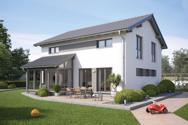 FingerHaus SENTO 401 – modernes Einfamilienhaus mit Satteldach, weißer Putzfassade und großen Fenstern. Auffällig ist der überdachte Terrassenbereich mit Flachdach. Im Garten befinden sich Rasen, Sitzgruppe, Kinderspielzeug und gepflegte Sträucher.