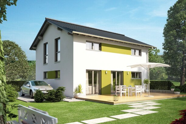 Außenansicht des Hauskonzepts MEDLEY 110 A S215 von FingerHaus mit heller Fassade und grünem Grundstück.