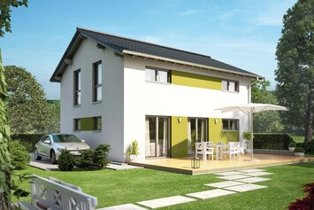 Außenansicht des Hauskonzepts MEDLEY 110 A S215 von FingerHaus mit heller Fassade und grünem Grundstück.