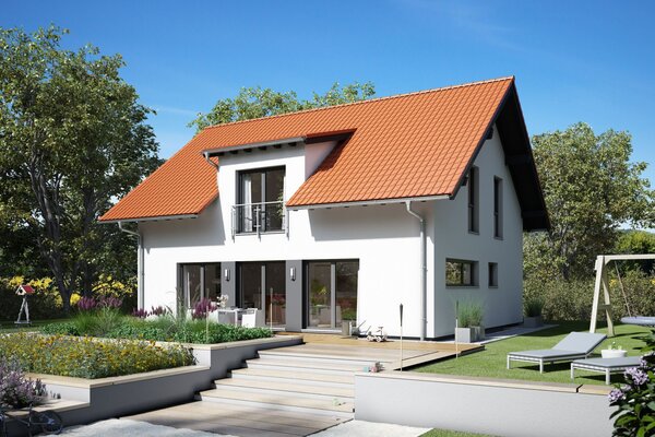 FingerHaus VIO 420 – modernes Einfamilienhaus mit rotem Satteldach, heller Fassade und Querhausgiebel. Der Garten zeigt Rasenflächen, Beete und einen gepflasterten Weg zur Terrasse.