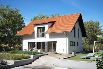 FingerHaus VIO 420 – modernes Einfamilienhaus mit rotem Satteldach, heller Fassade und Querhausgiebel. Der Garten zeigt Rasenflächen, Beete und einen gepflasterten Weg zur Terrasse.