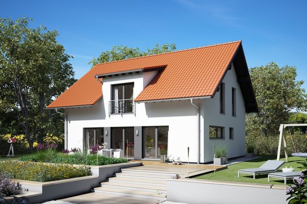 FingerHaus VIO 420 – modernes Einfamilienhaus mit rotem Satteldach, heller Fassade und Querhausgiebel. Der Garten zeigt Rasenflächen, Beete und einen gepflasterten Weg zur Terrasse.