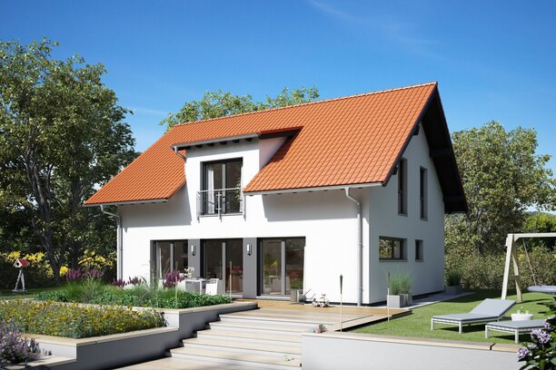 FingerHaus VIO 420 – modernes Einfamilienhaus mit rotem Satteldach, heller Fassade und Querhausgiebel. Der Garten zeigt Rasenflächen, Beete und einen gepflasterten Weg zur Terrasse.