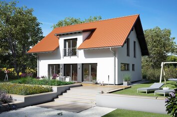 FingerHaus VIO 420 – modernes Einfamilienhaus mit rotem Satteldach, heller Fassade und Querhausgiebel. Der Garten zeigt Rasenflächen, Beete und einen gepflasterten Weg zur Terrasse.