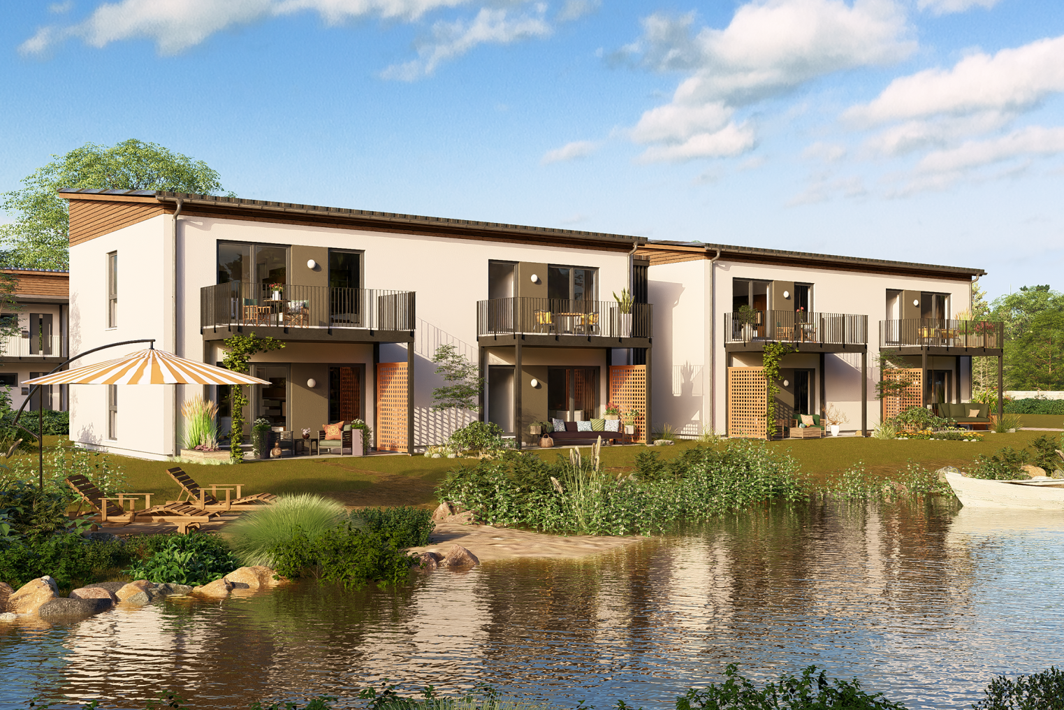 FingerHaus URBIS 800 mit modernem Pultdach, großzügigen Balkonen und direktem Blick auf einen Naturteich.