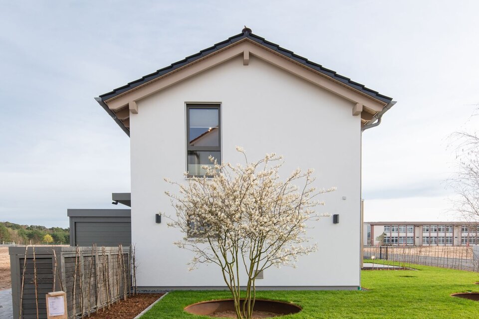 Seitenansicht des Musterhauses TALO in Babenhausen mit frisch angelegtem Garten und blühendem Baum.