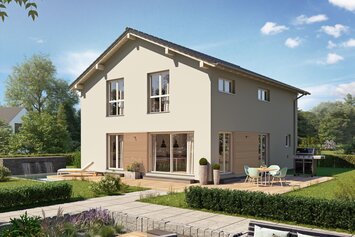 Visualisierung des FingerHaus ARTIS 300 S215 mit Satteldach, heller Fassade, bodentiefen Fenstern und großzügiger Terrasse im Garten.