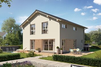 Visualisierung des FingerHaus ARTIS 300 S215 mit Satteldach, heller Fassade, bodentiefen Fenstern und großzügiger Terrasse im Garten.