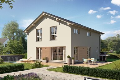 Visualisierung des FingerHaus ARTIS 300 S215 mit Satteldach, heller Fassade, bodentiefen Fenstern und großzügiger Terrasse im Garten.