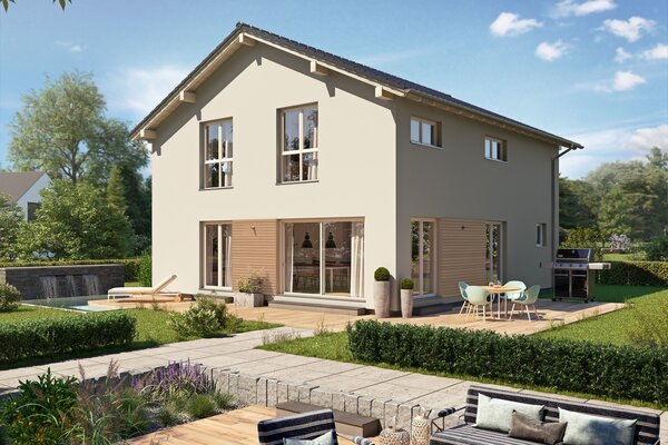 Visualisierung des FingerHaus ARTIS 300 S215 mit Satteldach, heller Fassade, bodentiefen Fenstern und großzügiger Terrasse im Garten.