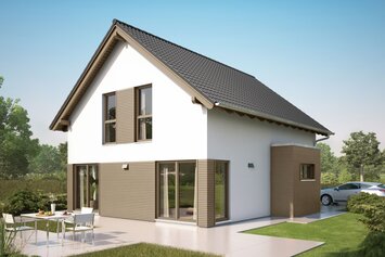 FingerHaus NEO 100 – zweigeschossiges Einfamilienhaus mit Satteldach, weiß-brauner Fassade und bodentiefen Fenstern. Vor dem Haus eine Terrasse, Rasenfläche und gepflasterter Weg.