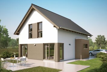 FingerHaus NEO 100 – zweigeschossiges Einfamilienhaus mit Satteldach, weiß-brauner Fassade und bodentiefen Fenstern. Vor dem Haus eine Terrasse, Rasenfläche und gepflasterter Weg.