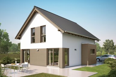 FingerHaus NEO 100 – zweigeschossiges Einfamilienhaus mit Satteldach, weiß-brauner Fassade und bodentiefen Fenstern. Vor dem Haus eine Terrasse, Rasenfläche und gepflasterter Weg.