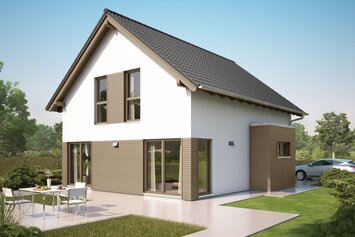 FingerHaus NEO 100 – zweigeschossiges Einfamilienhaus mit Satteldach, weiß-brauner Fassade und bodentiefen Fenstern. Vor dem Haus eine Terrasse, Rasenfläche und gepflasterter Weg.