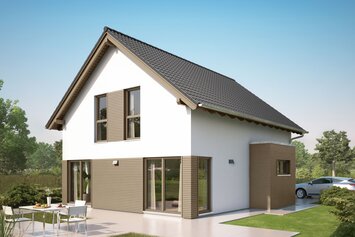 FingerHaus NEO 100 – zweigeschossiges Einfamilienhaus mit Satteldach, weiß-brauner Fassade und bodentiefen Fenstern. Vor dem Haus eine Terrasse, Rasenfläche und gepflasterter Weg.