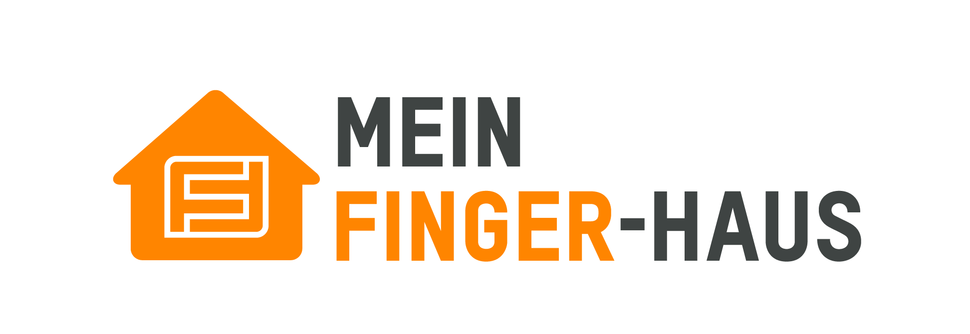 Logo des Serviceportals „Mein Finger-Haus“ mit stilisiertem Haus-Symbol in Orange sowie grauer und orangefarbener Wortmarke