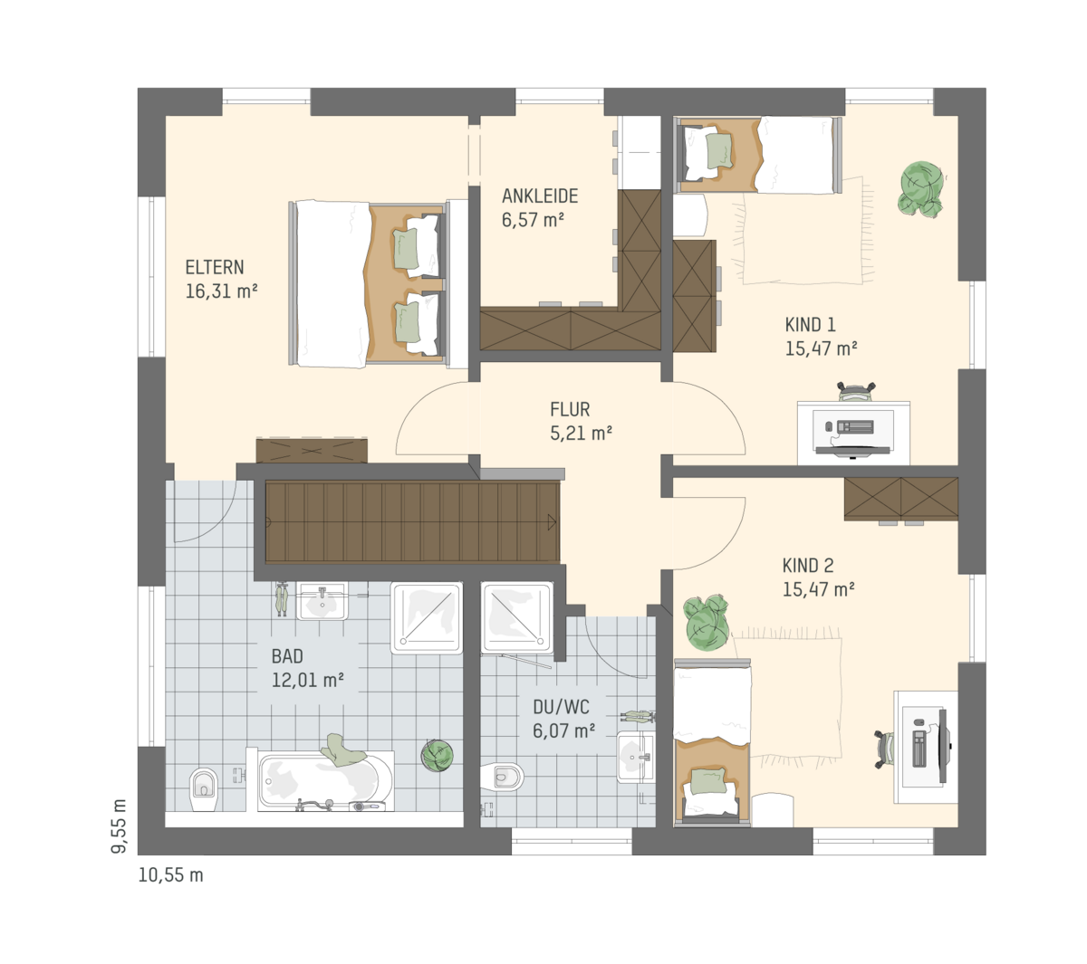 Grundriss des Obergeschosses eines FingerHaus Einfamilienhauses ARTIS 302 mit Schlafzimmer, Ankleide, zwei Kinderzimmern, Bad, Dusche/WC und Flur.