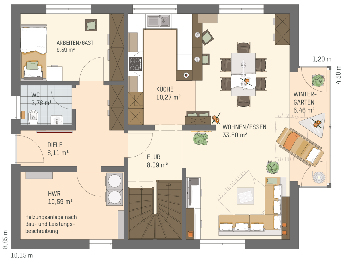 Grundriss des FingerHaus Einfamilienhauses MEDLEY 300 B mit Wintergarten, beschriftete Räume und Möblierung in einer farbigen Draufsicht.