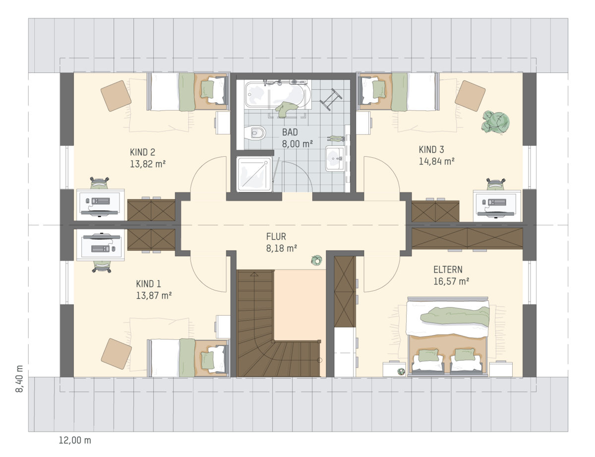 Grundriss vom FingerHaus Einfamilienhaus JUNO 301 mit zentralem Flur, drei Schlafzimmern, einem Badezimmer und einer Treppe