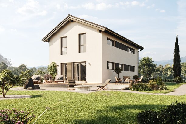 FingerHaus TALO 211 – zweigeschossiges Einfamilienhaus mit Satteldach, heller Fassade und bodentiefen Fenstern. Im Garten sind Rasenfläche, Terrasse und Pflanzbereiche mit Ziergräsern zu sehen.