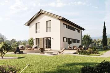 FingerHaus TALO 211 – zweigeschossiges Einfamilienhaus mit Satteldach, heller Fassade und bodentiefen Fenstern. Im Garten sind Rasenfläche, Terrasse und Pflanzbereiche mit Ziergräsern zu sehen.