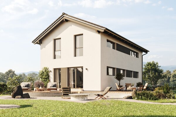 FingerHaus TALO 211 – zweigeschossiges Einfamilienhaus mit Satteldach, heller Fassade und bodentiefen Fenstern. Im Garten sind Rasenfläche, Terrasse und Pflanzbereiche mit Ziergräsern zu sehen.